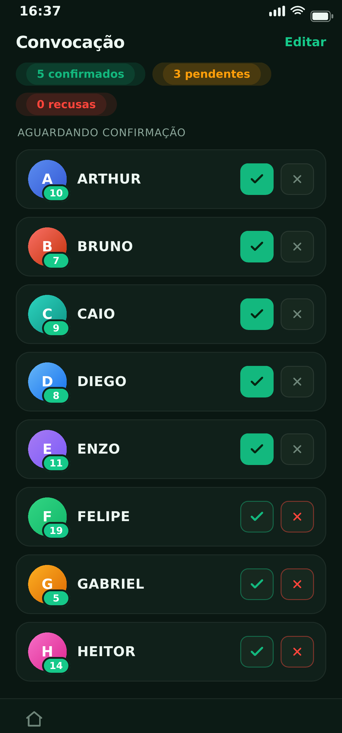 Tela de convocação do Squadory com confirmações dos atletas