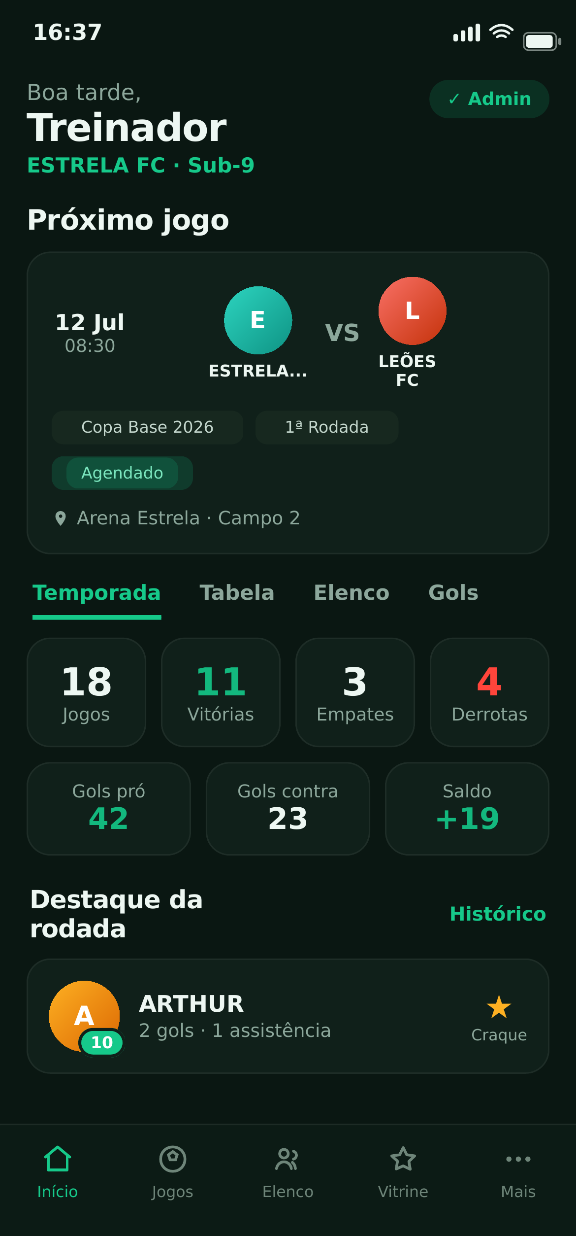 Painel inicial do Squadory com o próximo jogo e os números da temporada